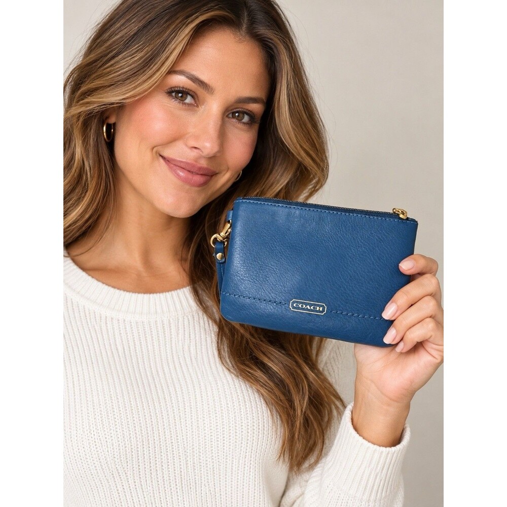 Coach Blue Leather Wristlet Gold Tone Hardware Zip Top Closure 4” X 6” Logo Tag